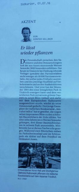 Pressebericht: Südkurier berichtet über Baum-Spenden von Werner Semmler an die Stadt Donaueschingen
