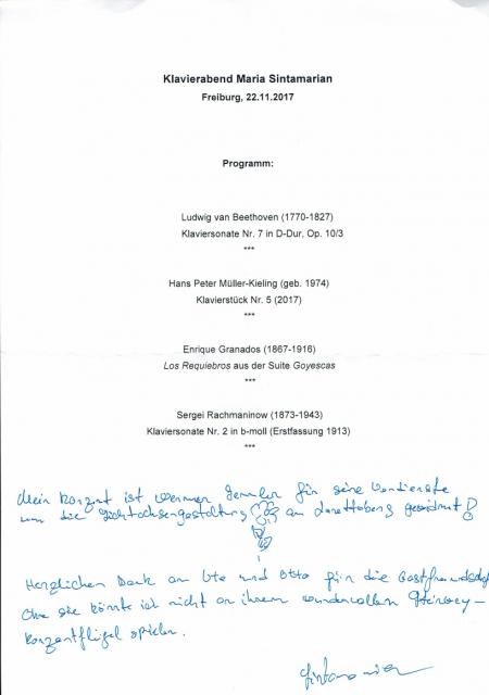 Programm des Klavierkonzerts von Maria Sintamarian zur Ehre von Werner Semmler.